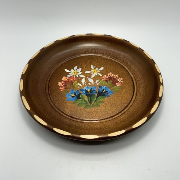 Vtg Boho Swiss Hand-Painted Floral Flowers Toole Design Wooded Dish 7" MCM Tray - Picture 2 of 9